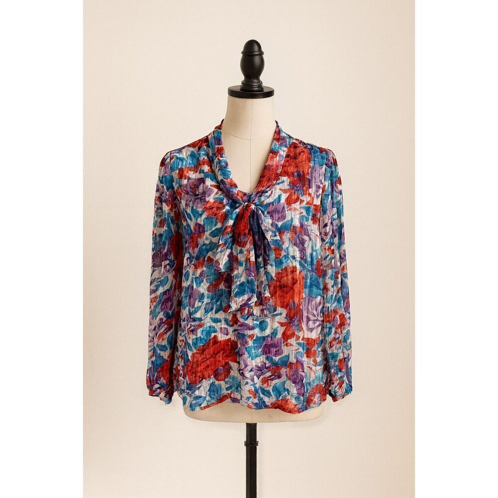 Vintage Karoline Floral Pleated Blouse | Size 12 | Tie-Front Vibrant Multicolor